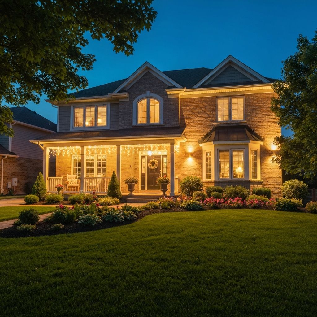 Family home at night with security lighting
