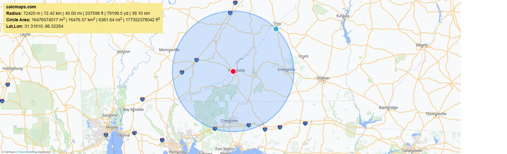 Service area map showing a 45-mile radius around Andalusia, Alabama, covering areas including Monroeville, Enterprise, Dothan, Troy, Mobile, Pensacola, and Crestview
